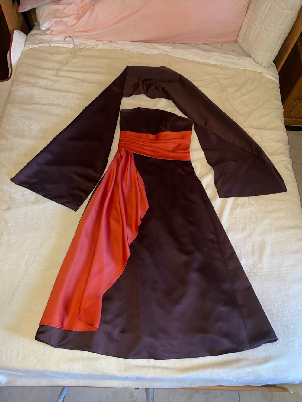 Strapless Brown Dress with Salmon Sash